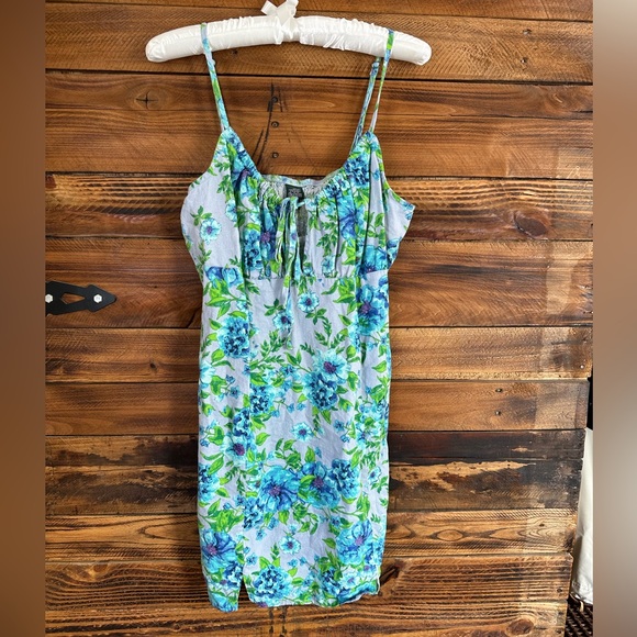 wild fable Dresses & Skirts - Wild Fable‎ Mini Dress Women Large Blue Floral Linen Blend Milkmaid Slit Hem